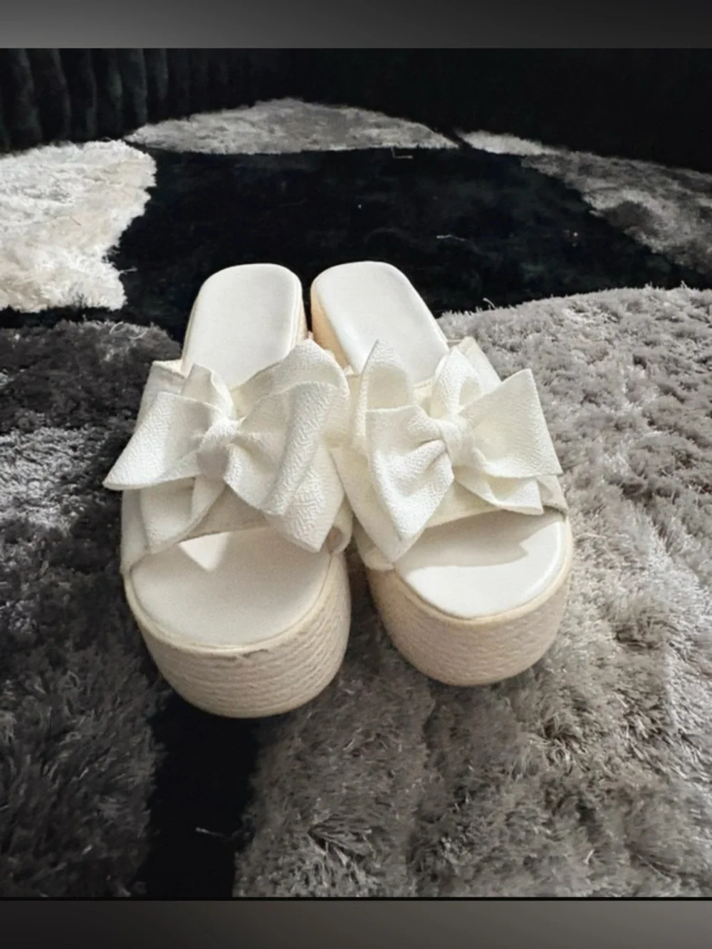 New-9 White Bow Espadrille Platform Slide Sandals - Women